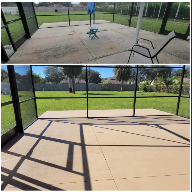 Before and after comparison of screened pool deck showing stained concrete transformed to clean tan painted surface